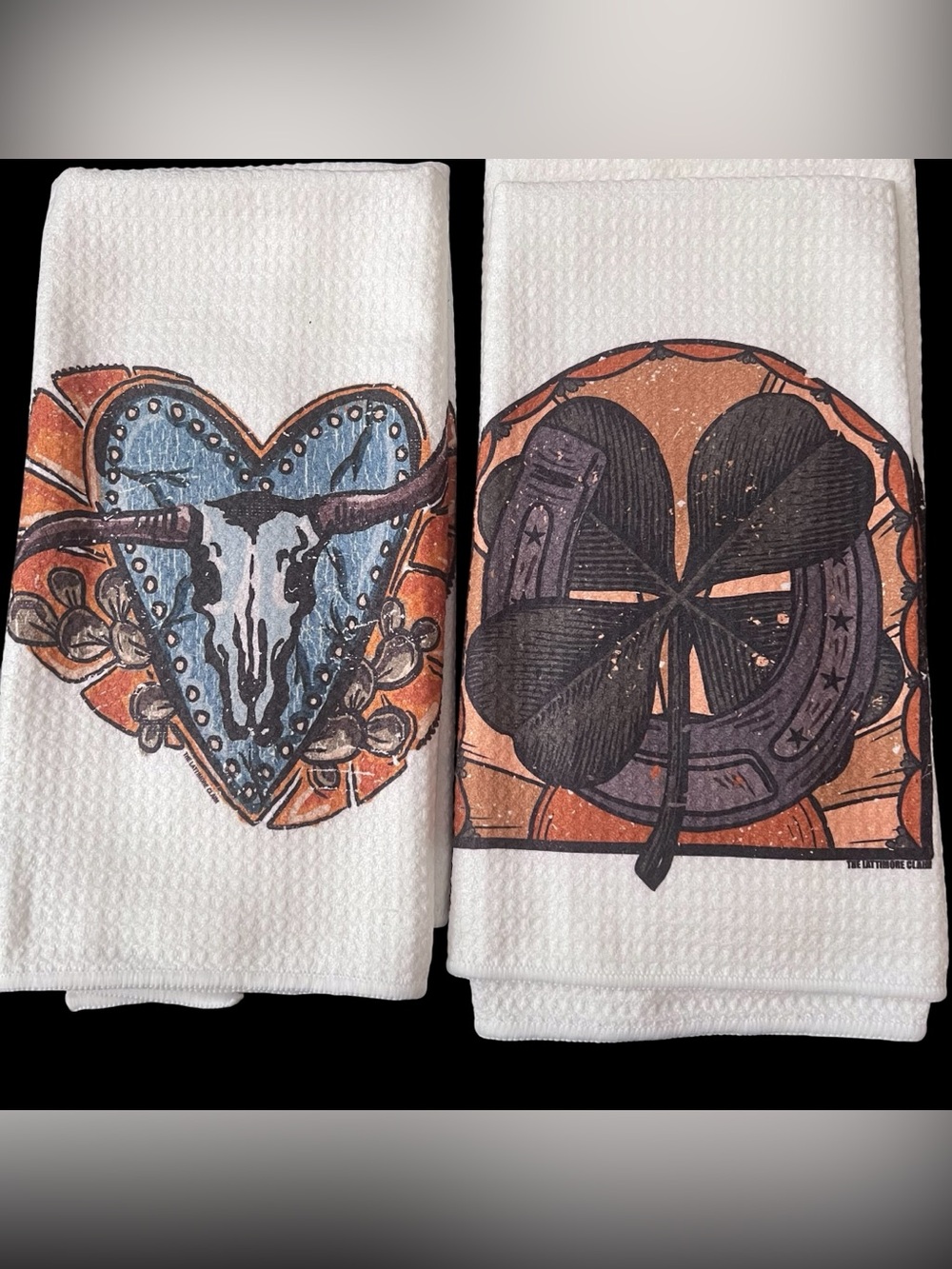 Western Kitchen Tea Towels NEW - Cow Skull - Horseshoe - Clover - Set of 4